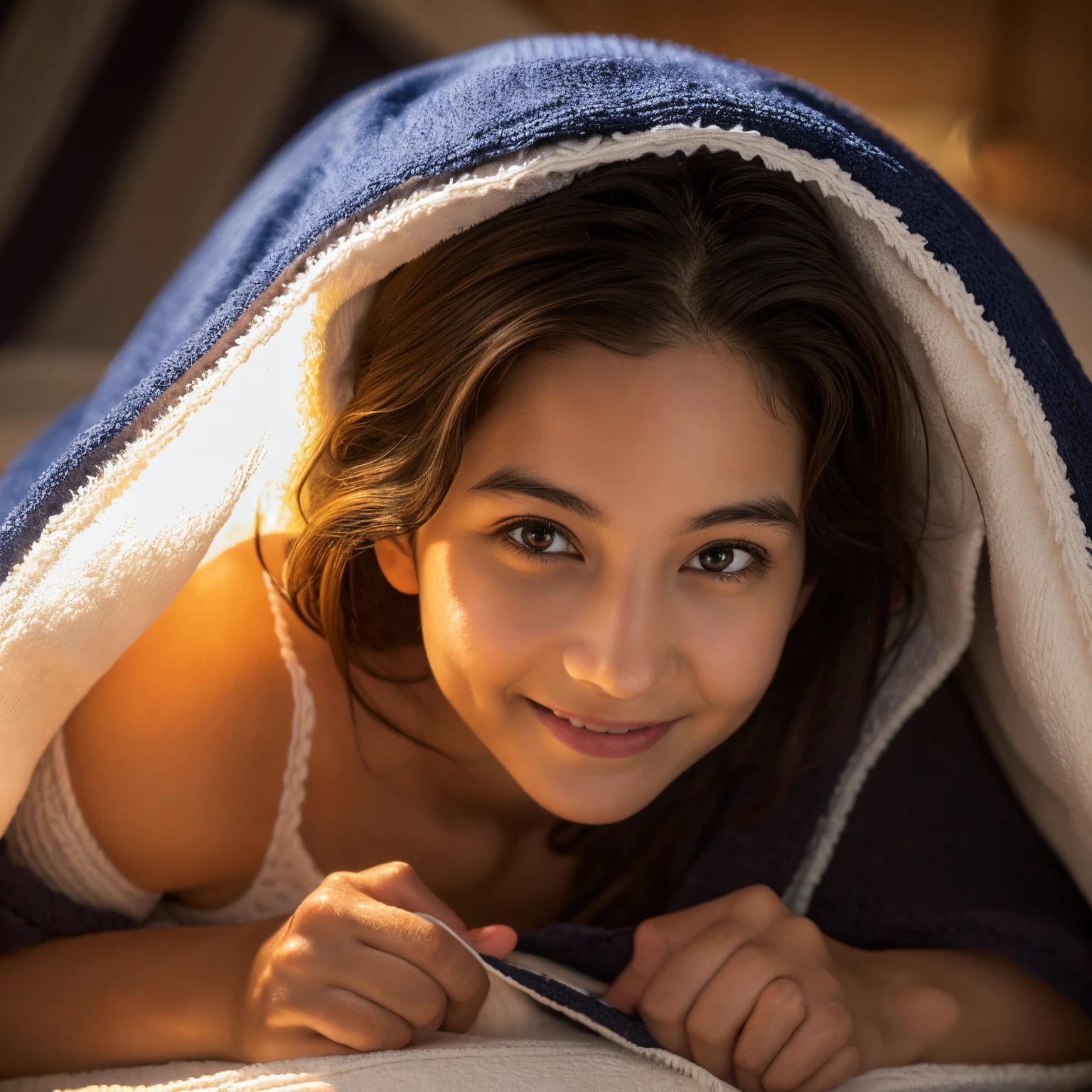 Masterpieces of the highest quality,Insanely detailed.Hyper realistic, A woman in underwear is lying on a bed with a toweling blanket over her head. She has her face peeking out from under the toweling blanket. blanket over her head, pov, bra, panties, lying, 1girl, smile