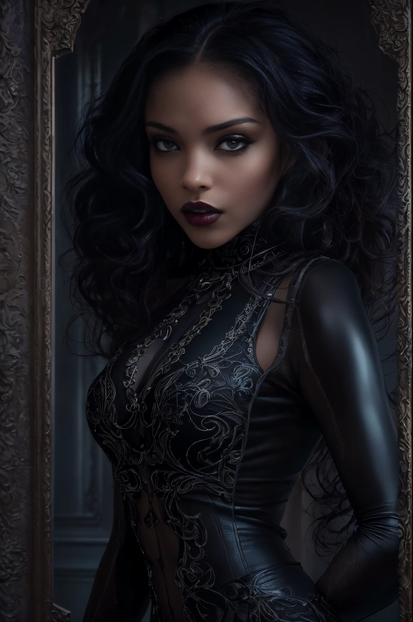 (best quality, 4k, 8k, highres, masterpiece:1.2), ultra-detailed, (realistic,photorealistic,photo-realistic:1.37), gorgeous light skin black woman, vampire, seductive gaze, elegant posture, gothic background, sensual beauty, gothic fashion, black gothic mini gown, pantyhose, dark colors, moody lighting, full body pose
