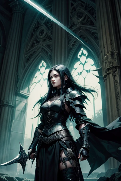 a gothic warrior carrying a enormous big sword using a black armour with long black hair green eyes and strong body
