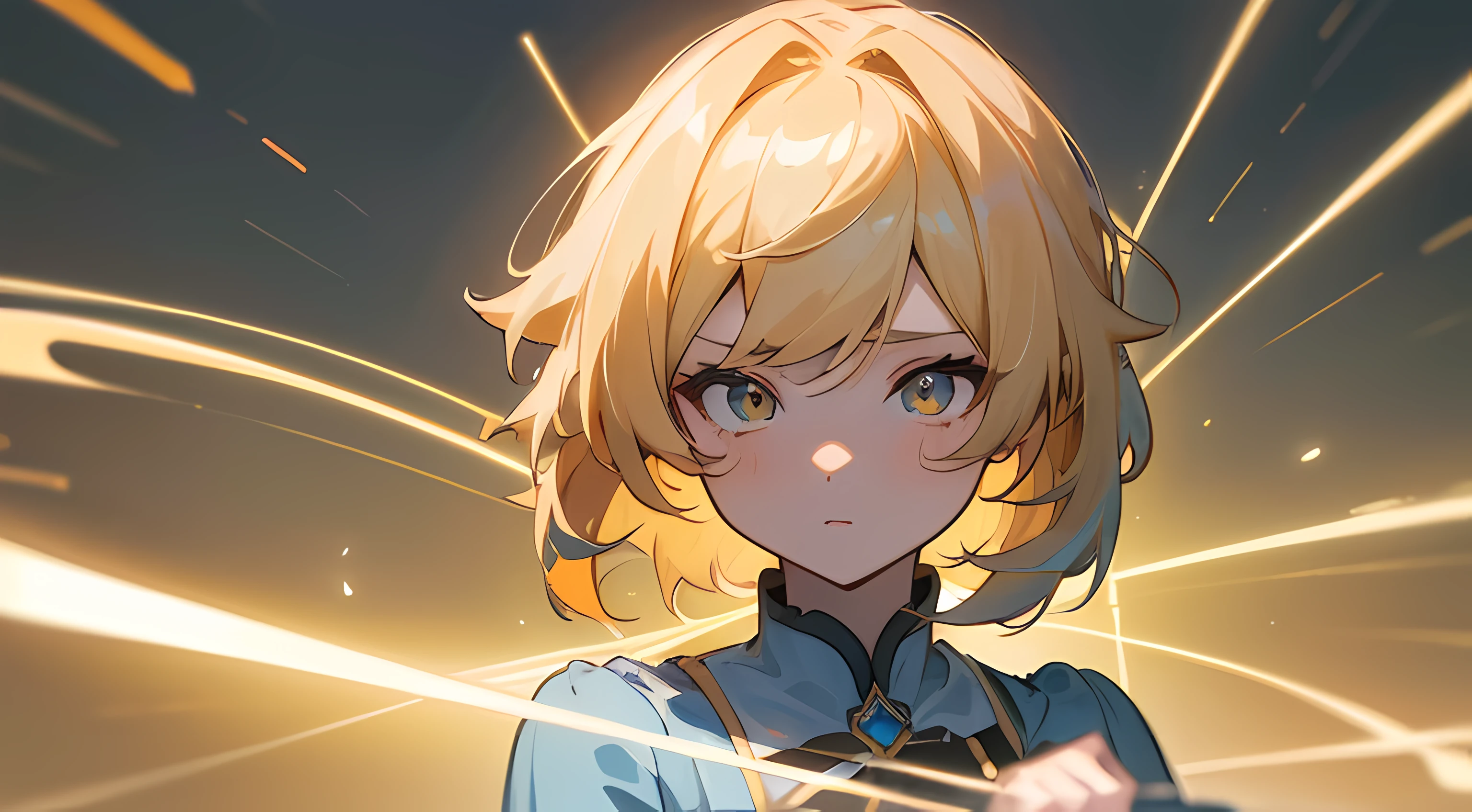 (best quality,4k,8k,highres,masterpiece:1.2), ultra-detailed, Lumine from Genshin Impact, blonde hair, longer side bangs, golden eye color, cute, music conductor, light blue dress, dark background, portrait, anime-style illustration