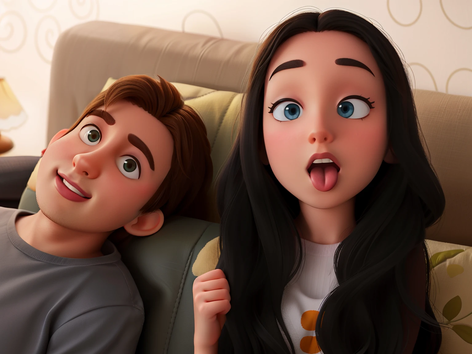 pixar cartoon, boyfriend head tuld with long hair girlfriend, little tongue out, casual attire on a sofa