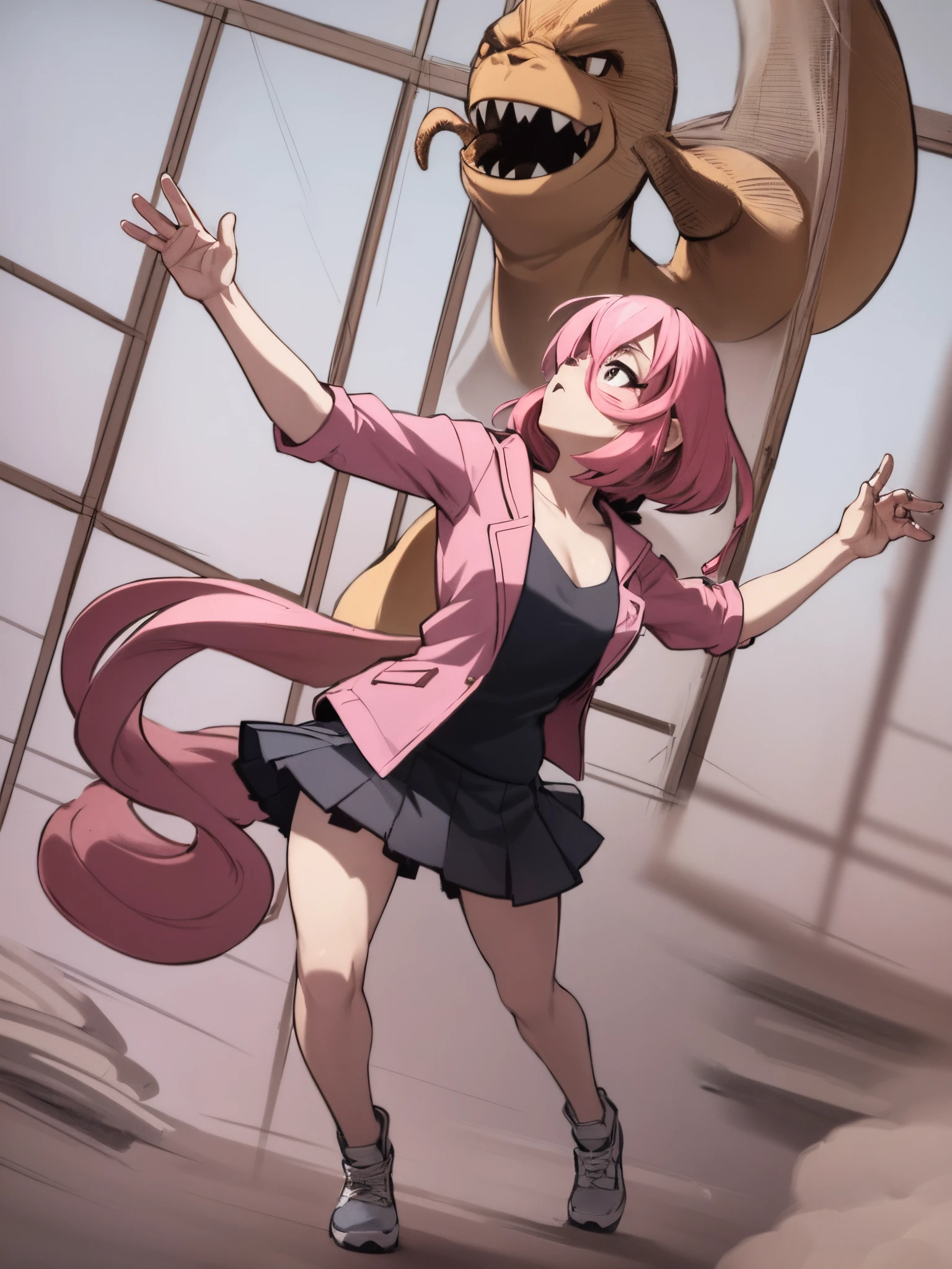 gorgeous girl standing in a room with his arms outstretched, cute, anime style, pink hair, kawaii, jacket and mini skirt, t pose, t-pose, t - pose, doing a majestic pose, in an action pose, distorted pose, action pose, doing a hot majestic pose, inspired by Abidin Dino, cool pose, posing like a statue, with a cool pose