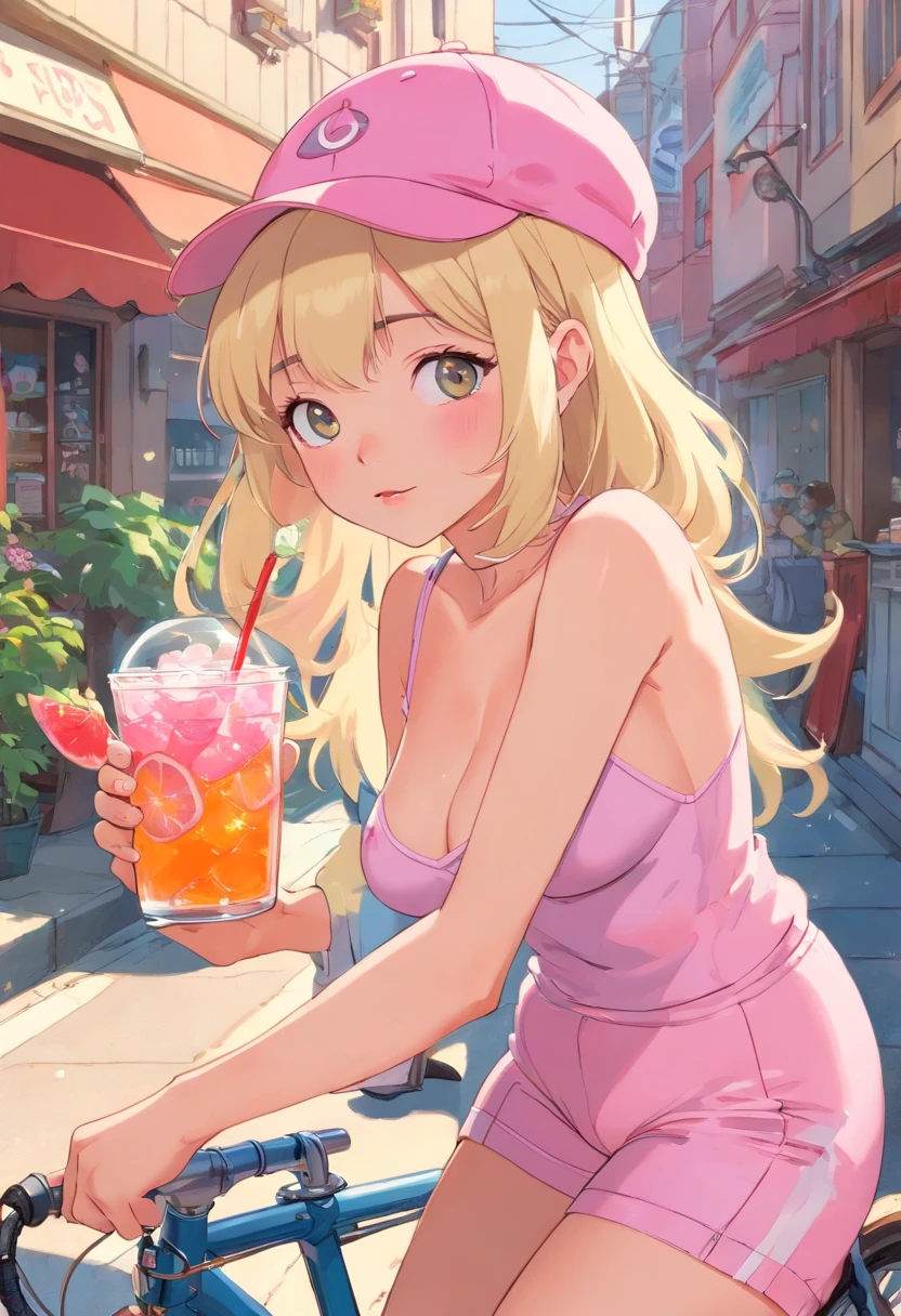 blonde woman in a pink cap holding a drink on a bicycle, cute top, (((NSFW))), (((no underwear))), (((show pussy))), (((bare pussy))), (((big breast))), beautiful feminine body, slim body, candy girl, bubblegum body, 90s style, 9 0 s vibe, in style of petra collins, 90s aesthetic, 9 0 s aesthetic, soda themed girl,y 2 k aesthetic