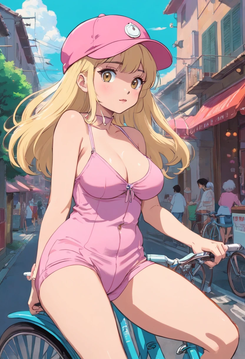blonde woman in a pink cap holding a drink on a bicycle, cute top, (((NSFW))), (((no underwear))), (((show pussy))), (((bare pussy))), (((big breast))), beautiful feminine body, slim body, candy girl, bubblegum body, 90s style, 9 0 s vibe, in style of petra collins, 90s aesthetic, 9 0 s aesthetic, soda themed girl,y 2 k aesthetic