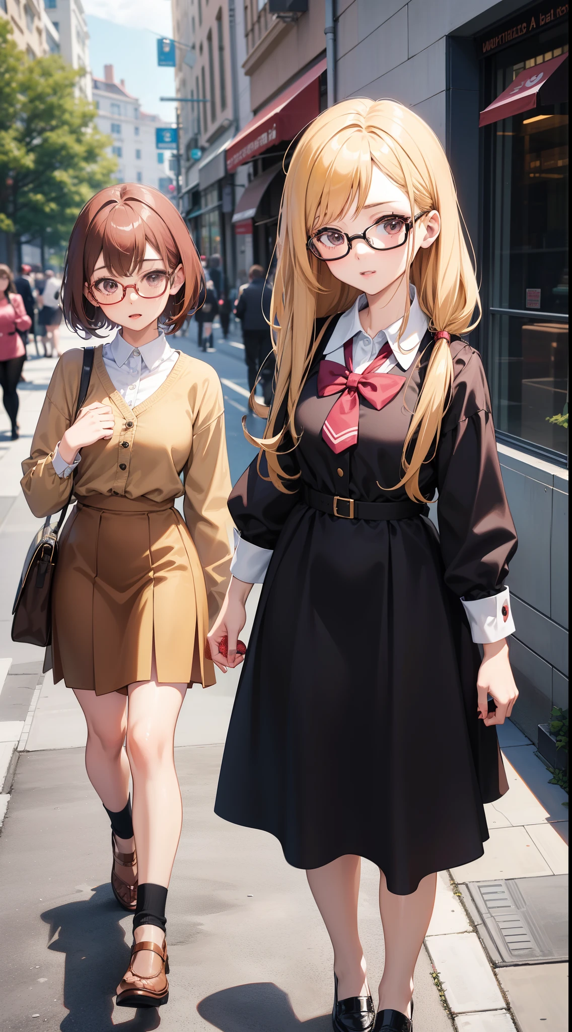 Anime - A woman wearing a brown dress and glasses takes a photo, small curvy loli, a hyperrealistic schoolgirl, a hyperrealistic schoolgirl, loli in dress, Cute anime waifu in a nice dress, Smooth Anime CG Art, anime highly detailed, Seductive Anime Girl, with glasses, photorealistic anime girl render, Detailed Digital Anime Art,a blond