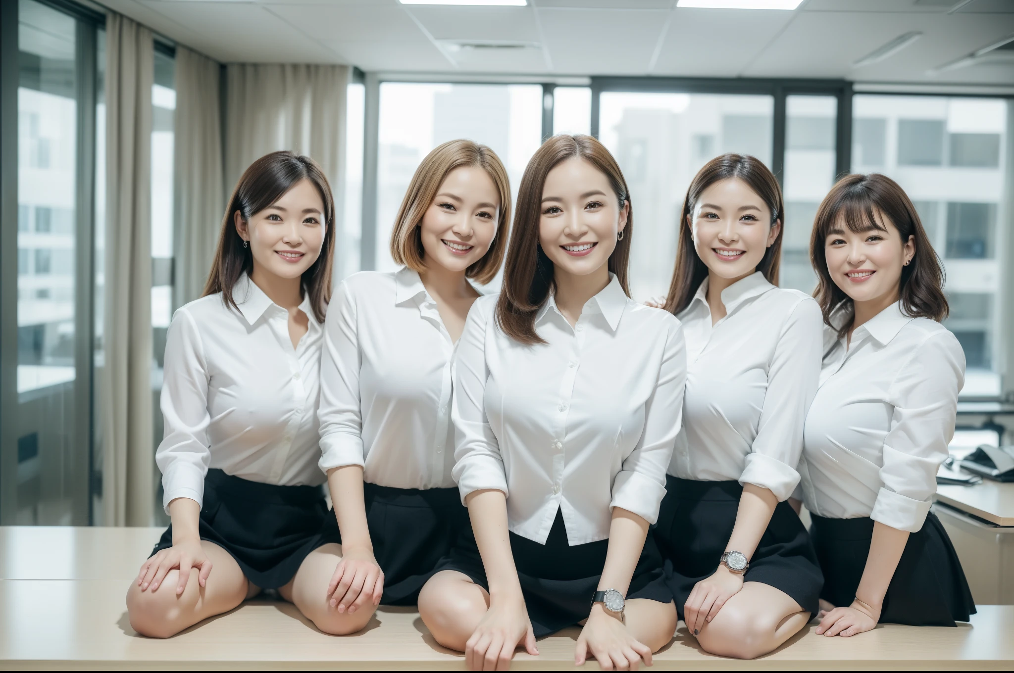 ((Best Quality, 8k, Masterpiecedetails, ultra-high resolution)), (group picture),(looking at the viewer), (full shot:), attractive business 5 milfs, 5 people, a bit chubby:0.15, seductive expression, (sitting on office desks)), smile, office of CEO,