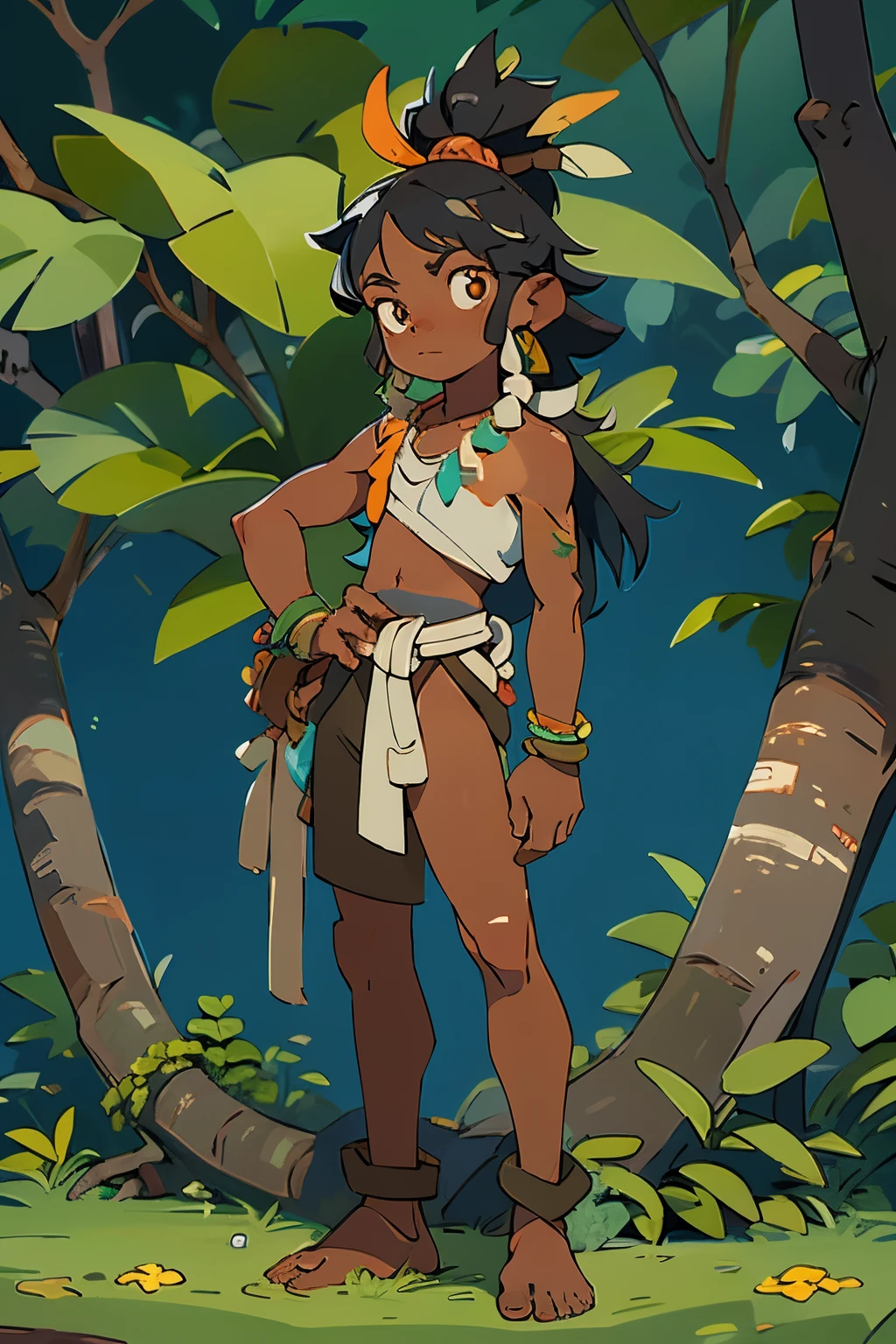 a native brazilian indian he is standing, em um ambiente de floresta tropical, com colares e pulseiras feitas de semente e conchas......., that symbolize the connection with nature. garoto, bravo, pele preta, pose heroica, recusos do brave, corpo pequeno