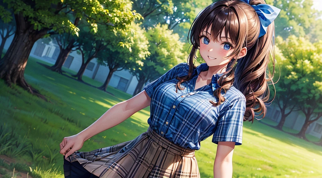 1girl, solo, full body, summer, village, trees, long hair, brown hair, curly hair, ponytail, large breasts, button down, dark blue eyes, ((blue shirt)), ((checked shirt)), ((unbuttoned shirt)), ((short sleeved shirt)), ((long skirt)), grin, looking at the viewer, standing, hair ribbon