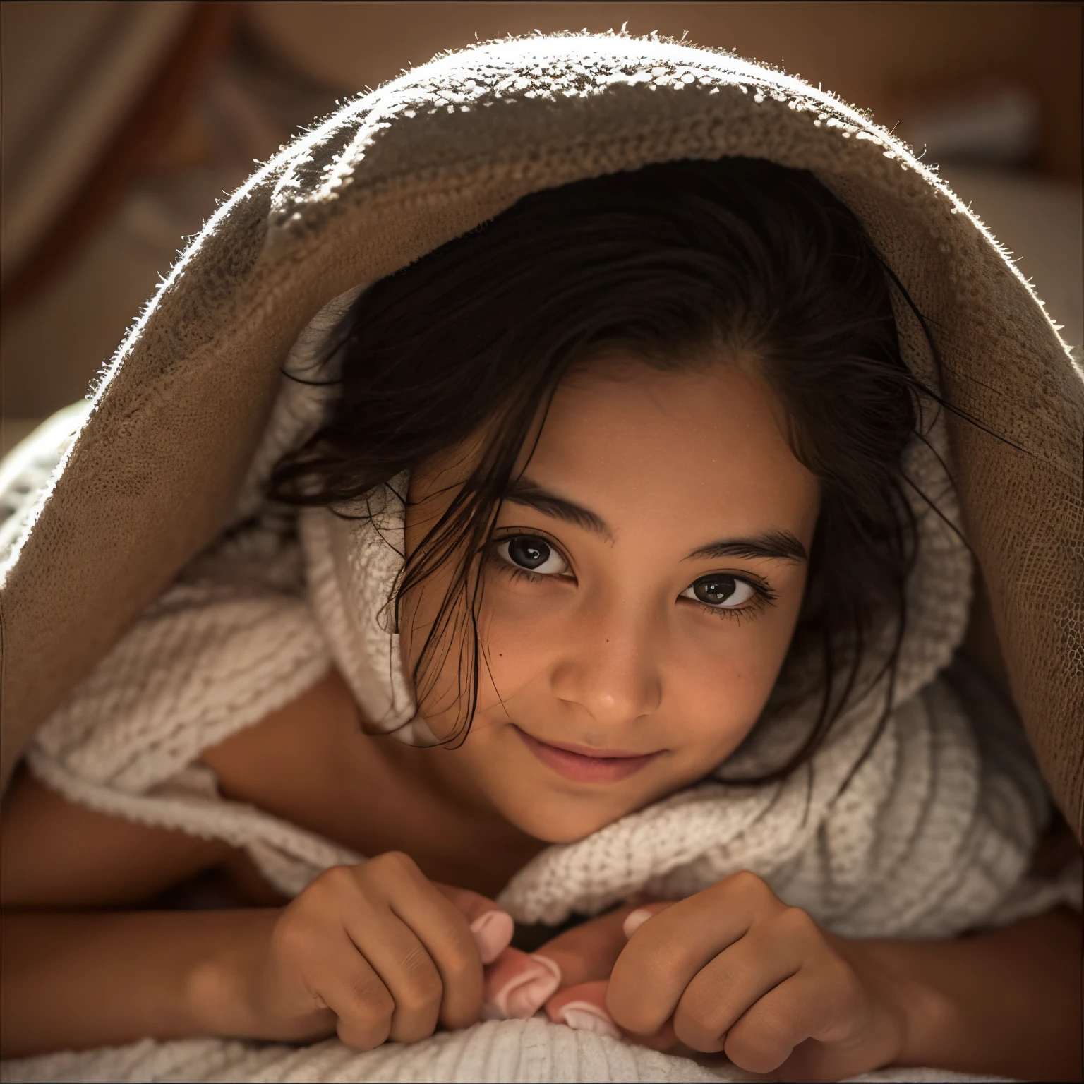 Masterpieces of the highest quality,Insanely detailed.Hyper realistic, A woman in underwear is lying on a bed with a toweling blanket over her head. She has her face peeking out from under the toweling blanket. blanket over her head, pov, bra, panties, lying, 1girl, smile