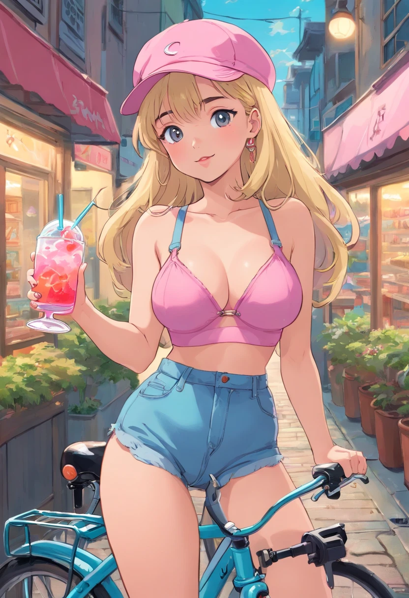 blonde woman in a pink cap holding a drink on a bicycle, (((NSFW))), (((no underwear))), (((show pussy))), (((bare pussy))), (((big breast))), cute bra, beautiful feminine body, slim body, candy girl, bubblegum body, 90s style, 9 0 s vibe, in style of petra collins, 90s aesthetic, 9 0 s aesthetic, soda themed girl,y 2 k aesthetic