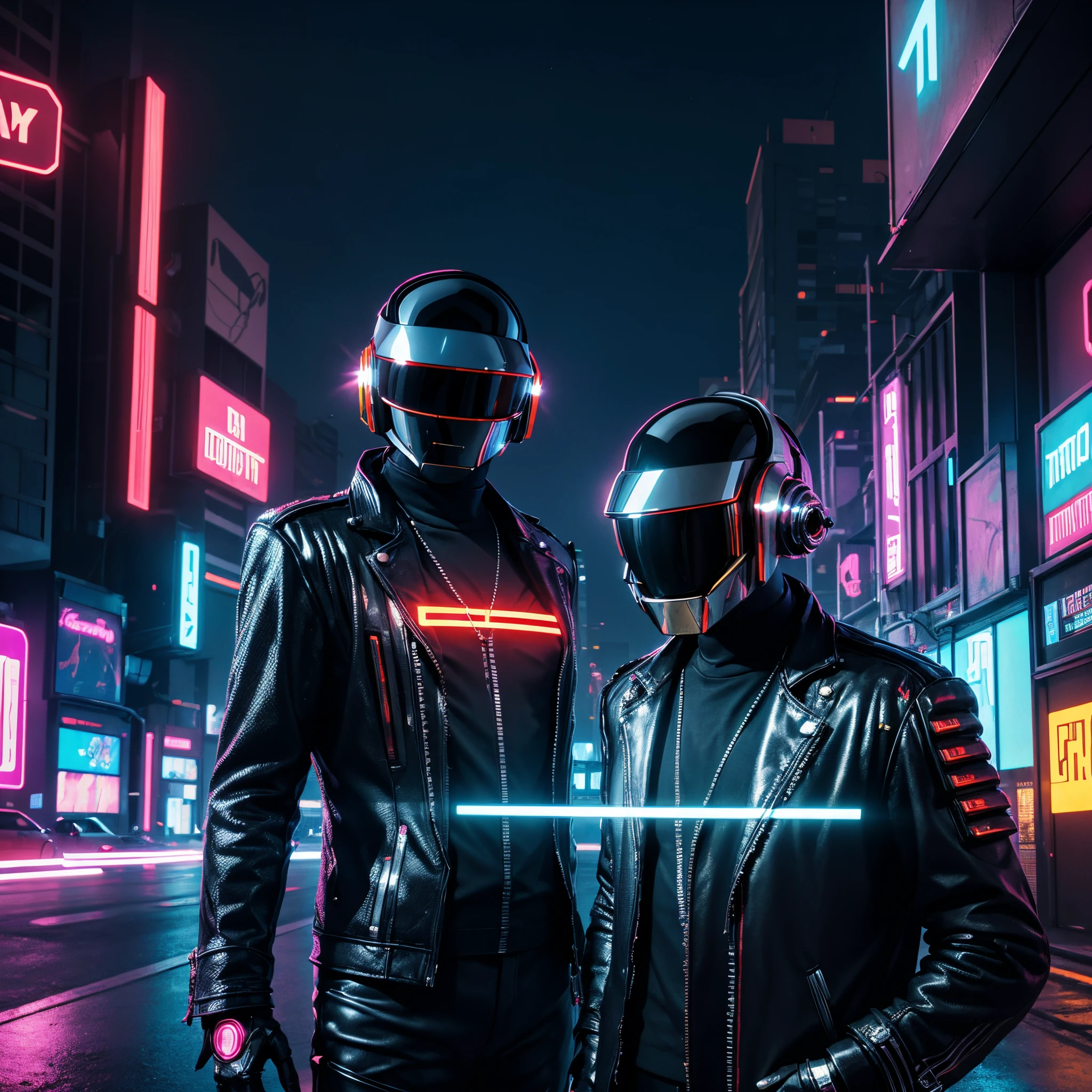 Daft Punk on a cyberpunk themed street. Neon signs in the background. Night time. 3D render, High detail. 8k, masterpiece. Digital Painting. Reflections, ultra realistic.