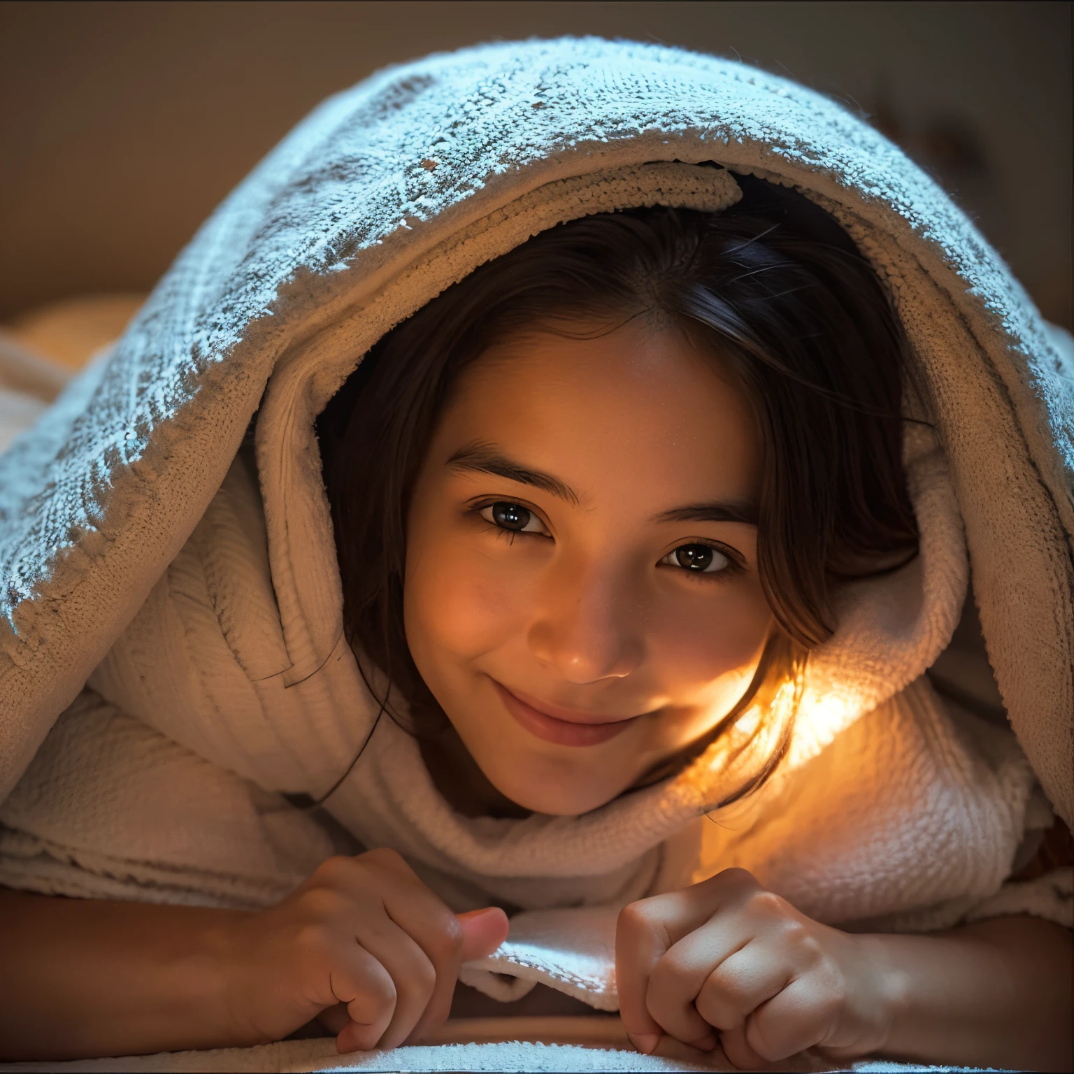 Masterpieces of the highest quality,Insanely detailed.Hyper realistic, A woman in underwear is lying on a bed with a toweling blanket over her head. She has her face peeking out from under the toweling blanket. blanket over her head, Exact number of fingers on hand, Exact face size, pov, bra, panties, lying, 1girl, smile