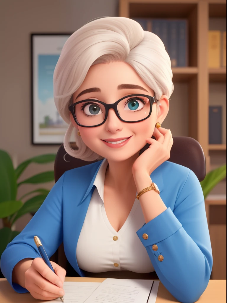Mulher de 50 anos, com cabelos castanhos curtos,,,,, Rosto redondo, Rosto redondo e sorriso encantador, e olhos castanhos, wearing glasses, brincos pequenos nas orelhas, Sitting at a table of orchids,professora em uma saladeaula,We will be happy to consult with you about your work...,experiente,Sitting in front of a college professor,Segure a caneta virada para a frente,Listen to the counselor