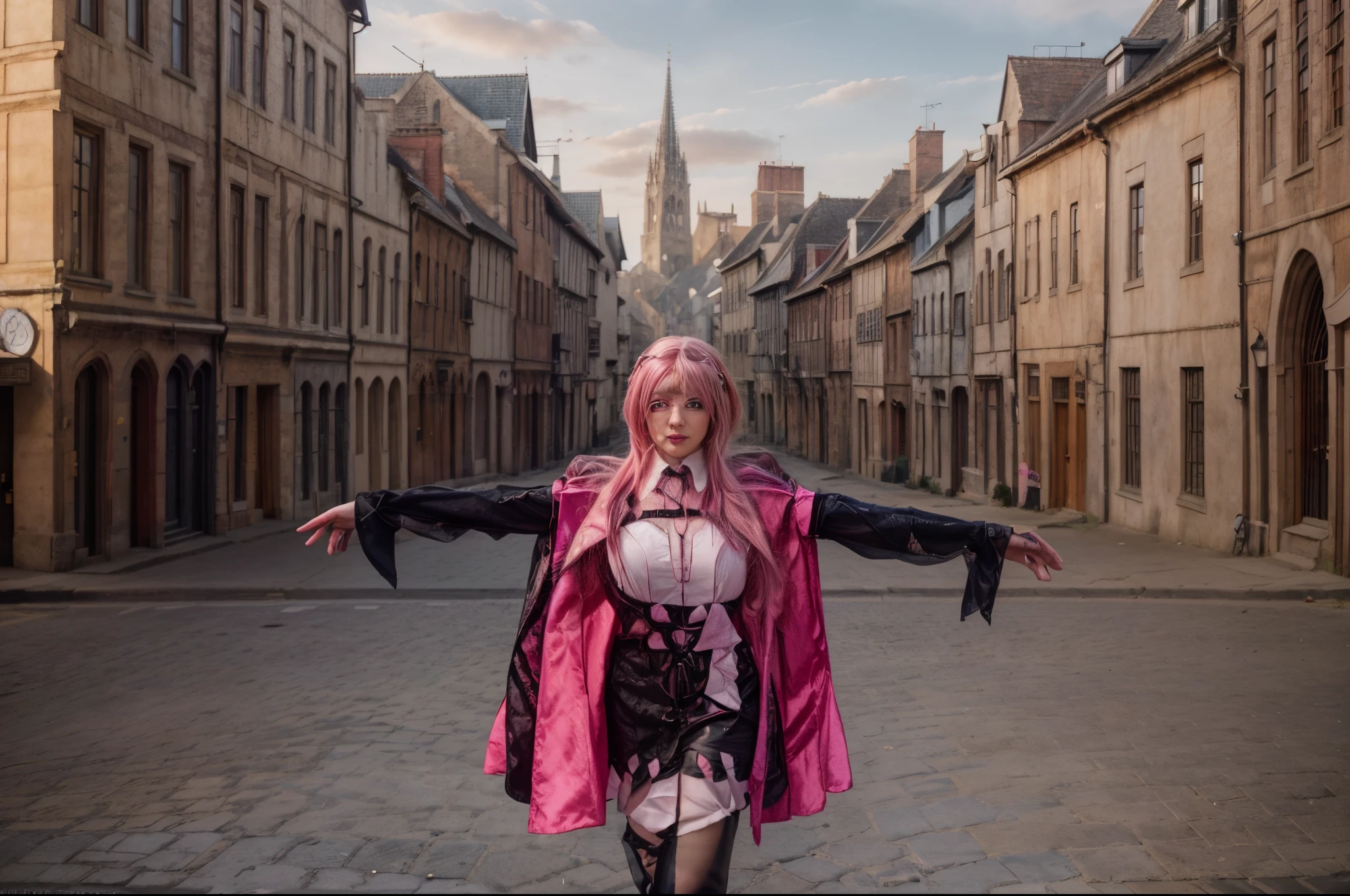 The girl walks on a large street, behind are medieval buildings combined with gothic architecture, beautiful girl, pink hair, she wears glasses in her hair, her arms outstretched, cosplay costume, beautiful face, beautiful eyes, beautiful lips, beautiful nose, super detail:1.7, super quality:1.6, realistic, actual photo from Canon camera