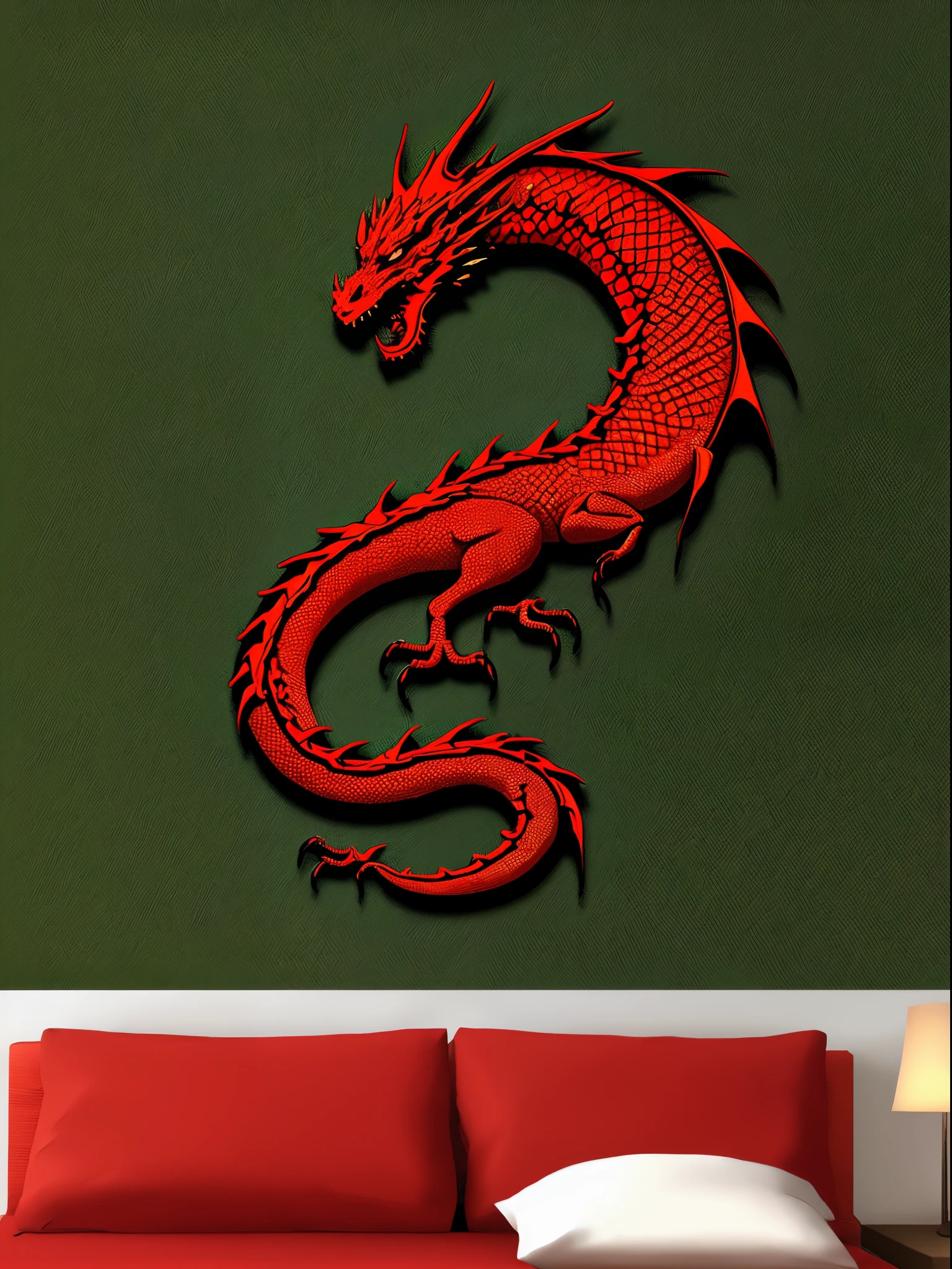 (Obra maestra 2d) emblem design.  Dragon rojo durmiendo en el pasto. Sello. Art coloreo sencillo emblema.