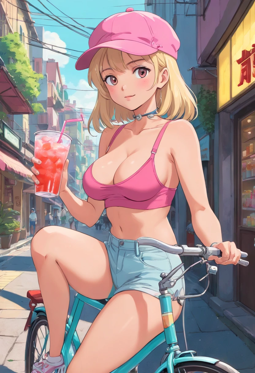 blonde woman in a pink cap holding a drink on a bicycle, (((NSFW))), (((no underwear))), (((show pussy))), (((bare pussy))), (((big breast))), beautiful feminine body, slim body, candy girl, bubblegum body, 90s style, 9 0 s vibe, in style of petra collins, 90s aesthetic, 9 0 s aesthetic, soda themed girl,y 2 k aesthetic