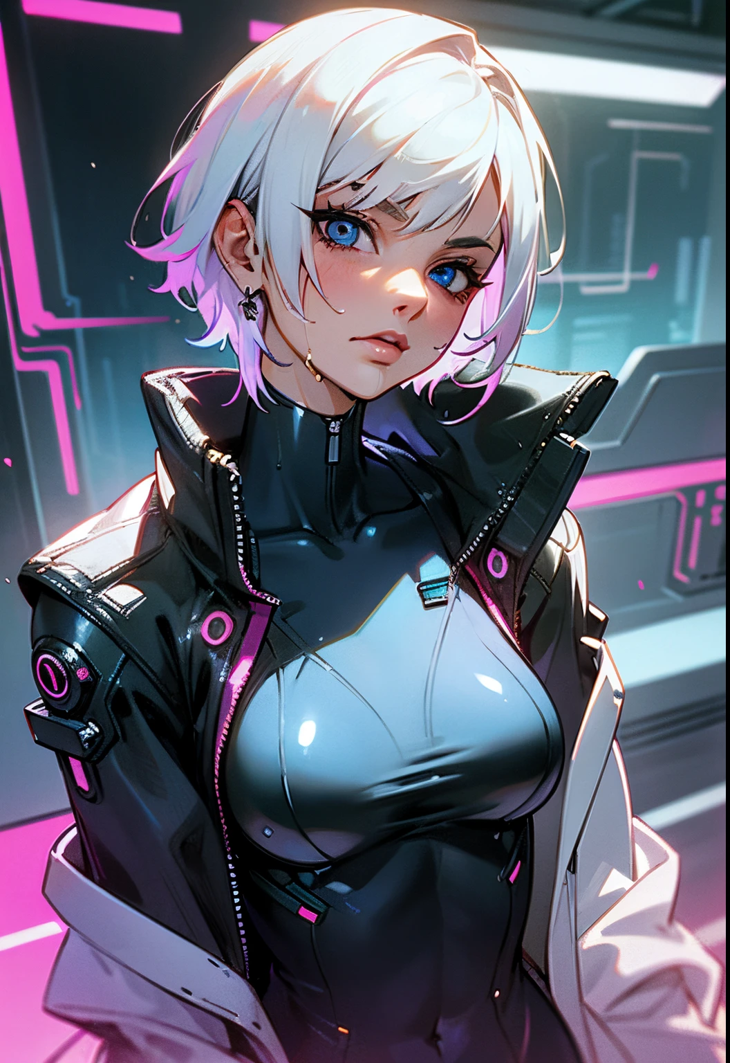 Woman 30 years face close (emily ratajkowski pov), short white hair, sidecut hair, lip filler, tight sexy white swinsuit, low-cut, cibernetic accessories, unbuttoned cyberpunk white jacket, no buttons, beautiful, medium breasts, wet and soft, close, sensual pose, fiery and lascivious wanting more, blue eye, neon lights, cyberpunk