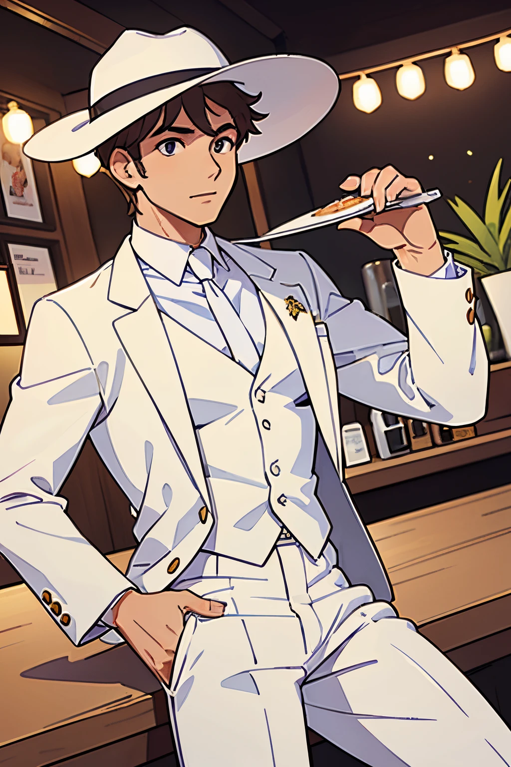 homem, wearing white suit and hat short, sentado na mesa, sensual e cativante, roupa branca, bar a beira da estrada, amigos cantando e se divertindo