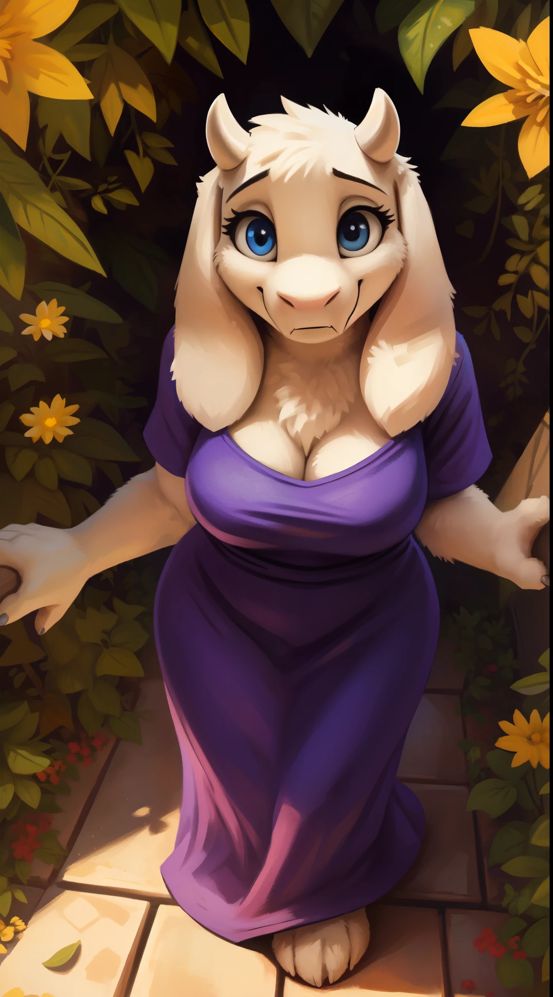 [Toriel; Undertale], [Uploaded to e621.net; ((by ozoneserpent)), ((by kenket)), ((by the-minuscule-task)), ((by zummeng))], ((intricate detail, 4K, toriel)), {Anthro; ((goat, female, featureless breasts, antrum, extremely detailed, extremely detailed legs, extremely detailed arms, extremely detailed face, perfectly detailed eyes, perfectly detailed anatomy)), ((detailed ears)), ((white fur)), ((cute snout)), ((goat nose))}, ((solo, perspective)), [Body; ((adult, adult sized, mature body, large body, curved thighs, gorgeous hips, curvature)), (single tail), (smooth fur, detailed fur, shiny fur, cute claws, cute paws, ((one pair of ears)), five fingers)], [Clothing; ((wearing a long dress, purple dress))], {(half-closed eyes, lewd expression, looking lewdly at you, looking towards you, light smile, concerned expression, beautiful blue eyes)}, [Perspective: (breast focus, view from above, birds-eye perspective, front shot, showing off to you, full body shot, being lewd, standing)], [Setting; (in a spotlit cavern:1.3, bright spotlight, spotlight from cavern ceiling:1.2, ring of leaves on floor, yellow flowers, vibrant colors, digital render style, ambient lighting, depth of field)],