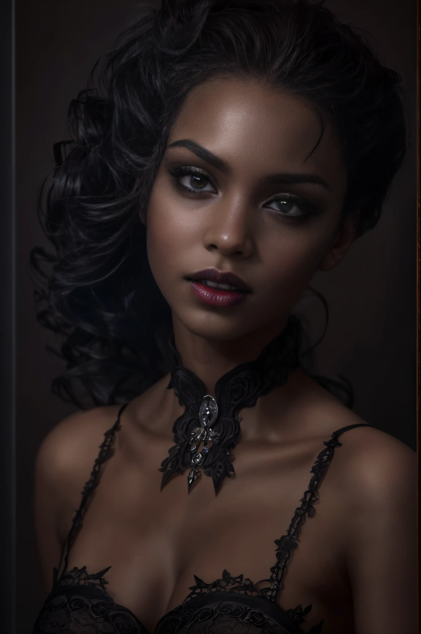 (best quality, 4k, 8k, highres, masterpiece:1.2), ultra-detailed, (realistic,photorealistic,photo-realistic:1.37), gorgeous light skin black woman, vampire, seductive gaze, elegant posture, gothic background, sensual beauty, gothic fashion, black gothic gown, pantyhose, dark colors, moody lighting, full body pose