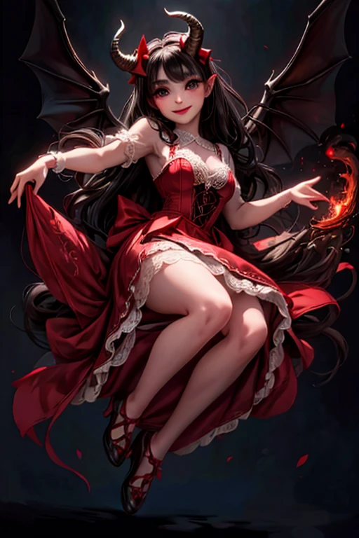 masterpiece, best quality, detailed face, a (horned demon girl) smiling, wearing a lace cloth dress, black hair, red smokey eyes makeup, (hair bow), dramatic magic floating pose, (full body).