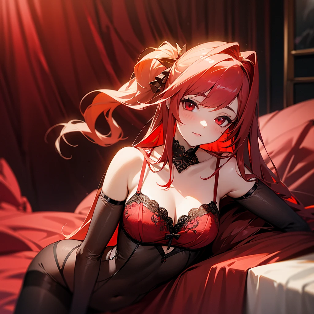 Beautiful young girl, long scarlet hair, red eyes, lingerie, well-lit, bedroom, succubus.