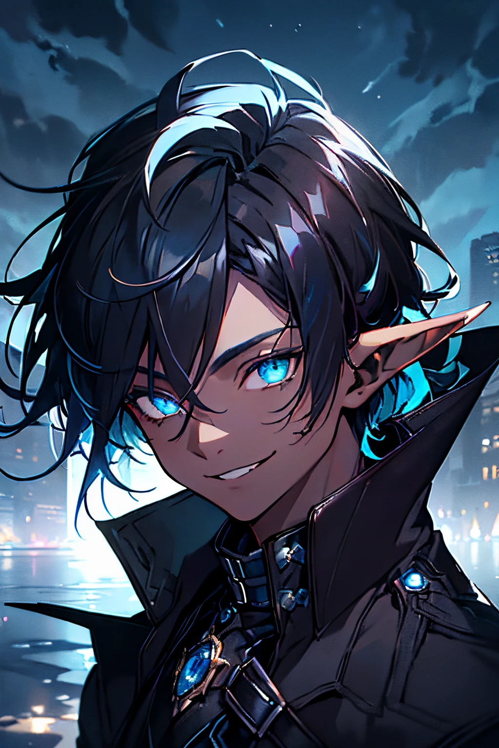 masterpiece, best quality, ((1boy)), (colorful),(finely detailed beautiful eyes and detailed face),cinematic lighting,bust shot,extremely detailed CG unity 8k wallpaper, sky, cloudy_sky, building, moonlight, moon, night, (dark theme:1.3), light, fantasy, ((Blue Eyes)) ((Black Skin)) ((Elf Ears)) (((Blue Overcoat))) (((Black Hair with Blue Accent))) ((Smiling)) ((Medium Length Hair)) ((Wolf Tail))