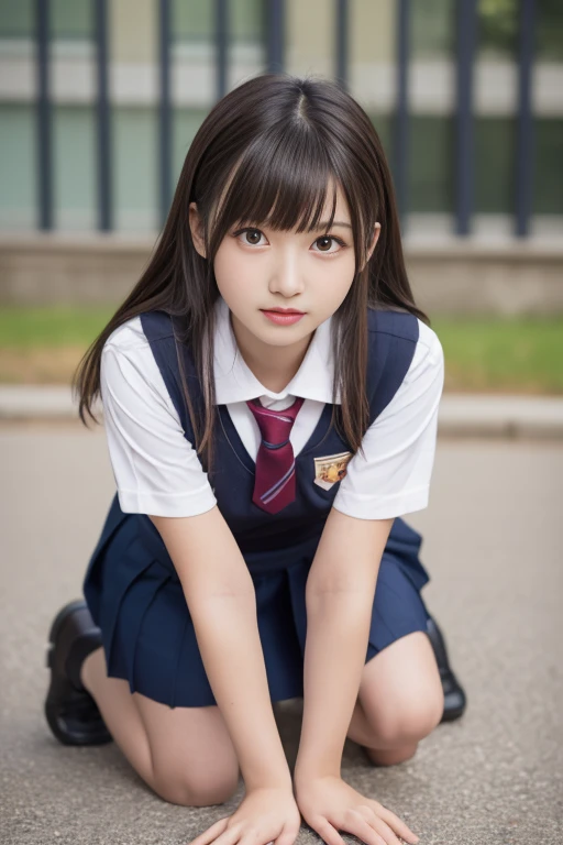 masutepiece, Best Quality, One girl, (Beautiful Girl:1.3), (:1.2), Very fine eye definition, (Symmetrical eyes:1.3), (NSFW), (Crouch down, School uniform, Cute skirt:1.3), Beautiful breasts, Brown eyes, Parted bangs, dark brown hair, Upper teeth