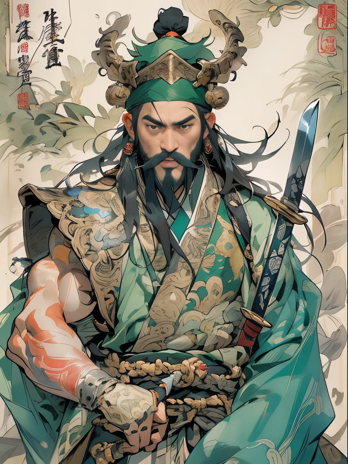 (((China-style,Ink painting method,Half-length portrait,Intense color,Han dynasty, China,Hanfu,Armor,Guan yu,Guan Yunchang,of a guy,Ruddy killing square face,Hold the Blue Dragon Moon Knife in his right hand,Stroke your beard with your left hand,Long hair,petty eyes,Green robe))), (((best qualityer))), (((tmasterpiece))), (((AS-Adult))), ((( Japanese ))), Look up from your knees, Handsome Asian samurai,perfect body figure, Modern samurai, ((( Asian))), Wear gloves on your hands,The left arm is made of steel and metal tips,Made of protective devices, The eyes are pulled, (( Appears below the chest )), (( Small dental floss )), Simon Bisley, Almost naked(Simon Bisley)Castle City Wilderness,For high-resolution posters, hair straight, Minimum clothing, armure (Crazy clothes ), Full of tips and rivets, tribal tattoos, (((full bodyesbian))), Straight brunette hair,Colored hair ends