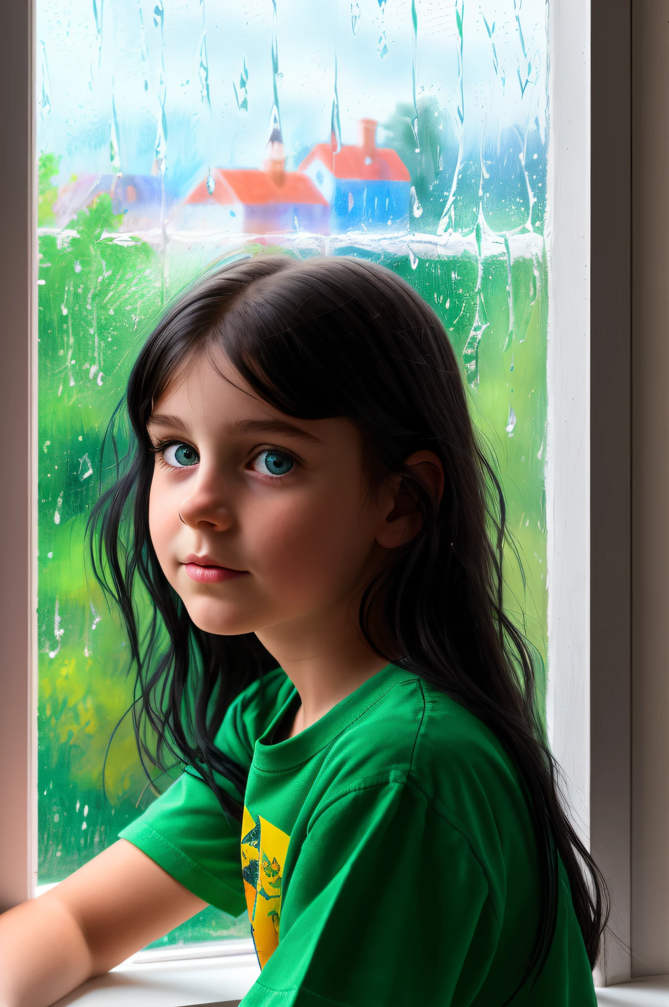 A young girl sits by the window and poses for the artist. She is wearing a T-shirt and shorts, she has big green eyes and black hair. The artist faces her. He paints a picture. It's raining outside the window. Realistic. 4k