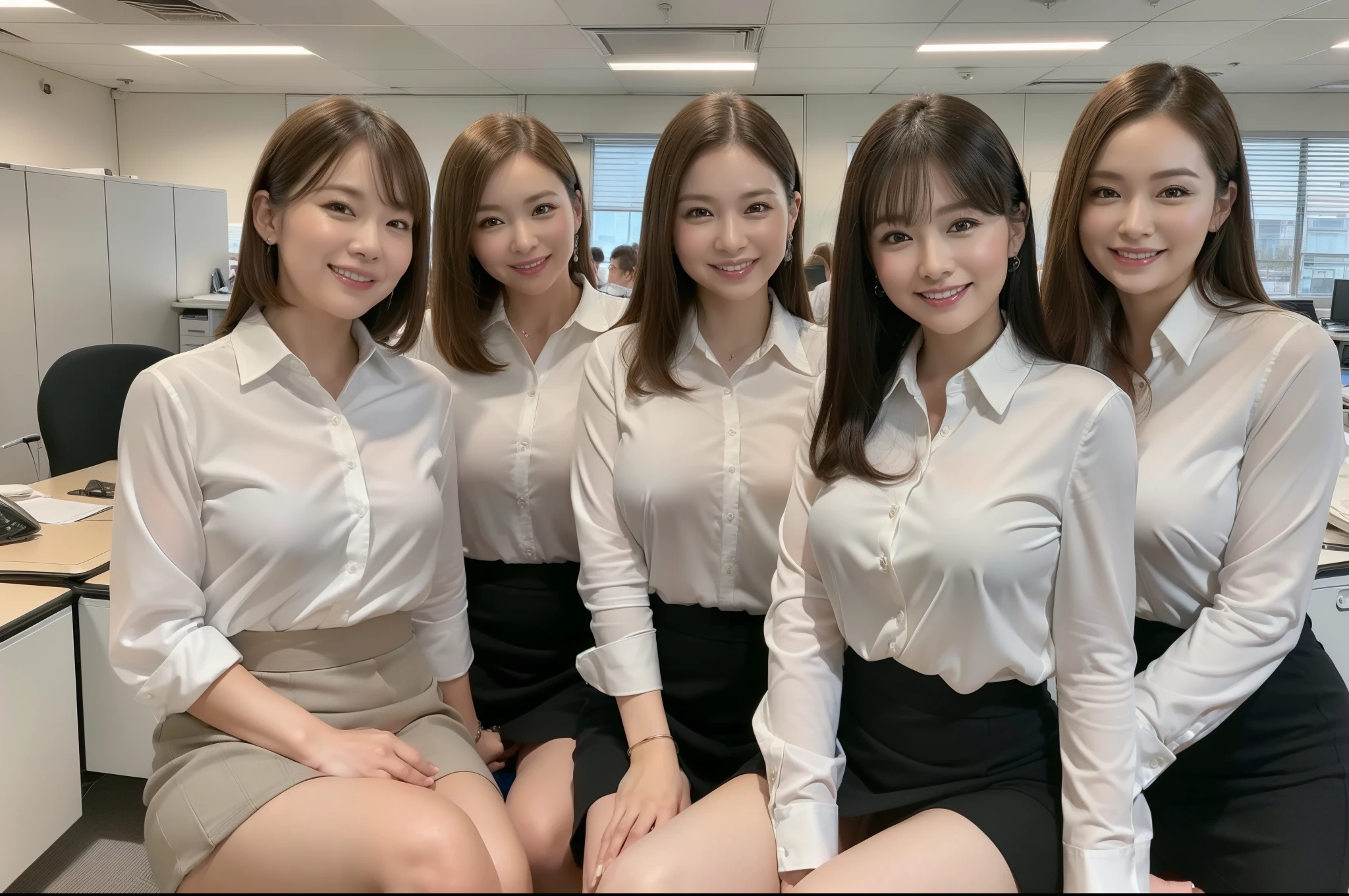 ((Best Quality, 8k, Masterpiecedetails, ultra-high resolution)), (looking at the viewer), (full shot:), attractive business 5 milfs, 5 people, a bit chubby:0.25, white collared shirt, grey skirt, (sitting with cross legs on office desks)), smile, office of CEO,