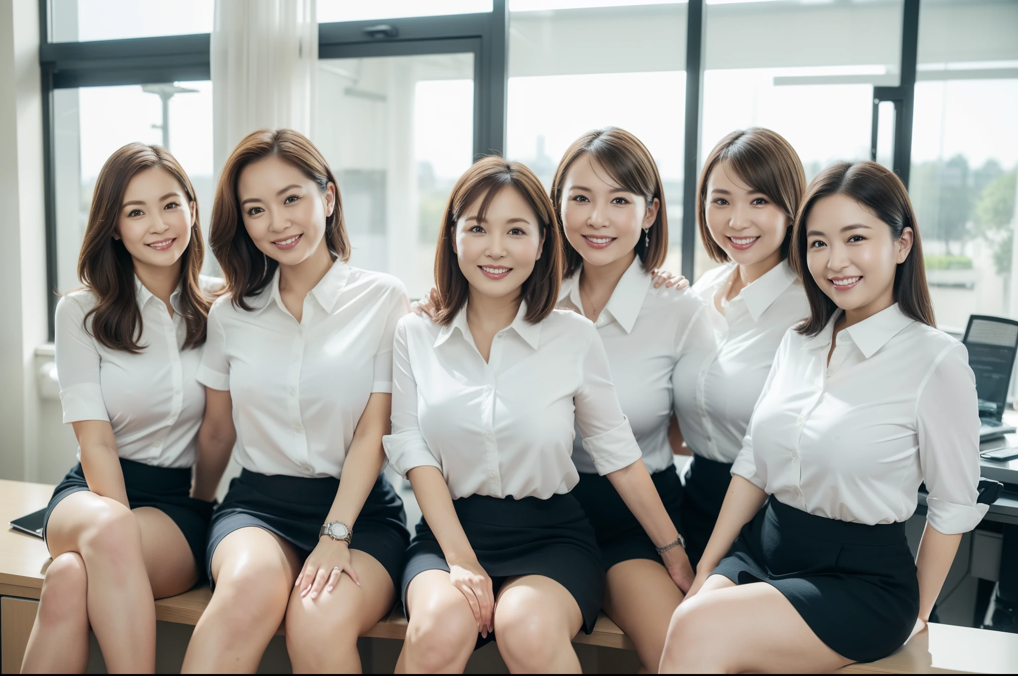 ((Best Quality, 8k, Masterpiecedetails, ultra-high resolution)), (group picture), (looking at the viewer), (fmiddle shot:), attractive business 5 milfs, 5 people, a bit chubby:0.25, white collared shirt, grey skirt, (sitting with cross legs on office desks)), smile, office of CEO,