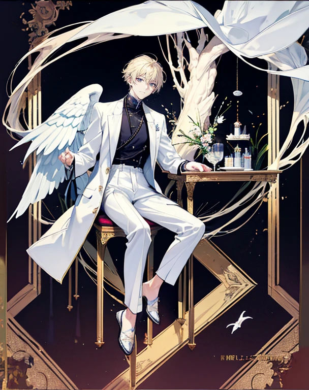 male angel sitting on rebar、full body Esbian、Embrace your broken wings、Fashionable、Dior、an legs、shoe、trouser,Plain clothe