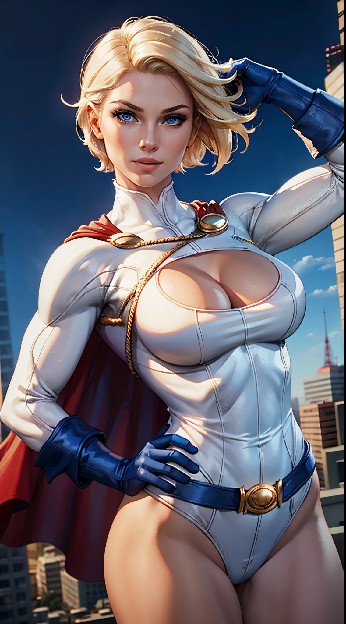 A blonde woman with short hair and blue eyes wearing a white costume with a red cape and blue gloves with the S symbol on her chest,Very detailed, alta qualidade,modern comic style