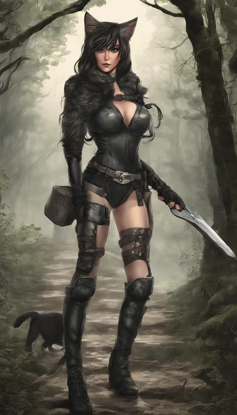 Neko catgirl, very busty, holding a whip and shield, hiking on a wooded path