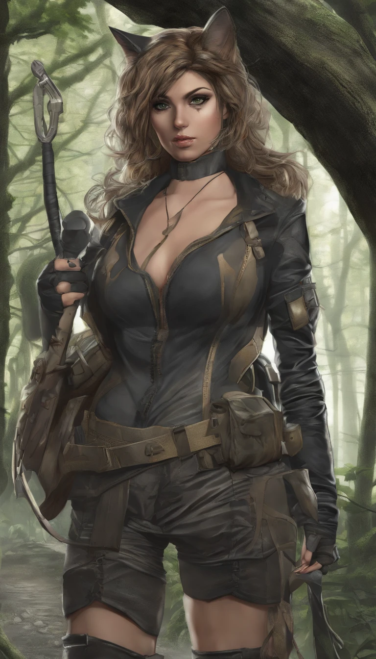 Neko catgirl, very busty, holding a whip and shield, hiking on a wooded path