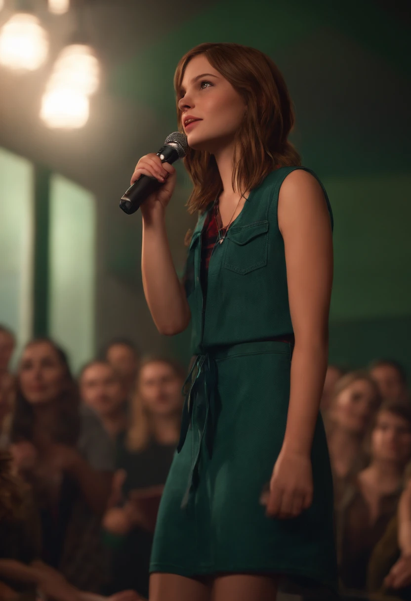 Rachel is standing on a stage, holding a microphone and performing a dramatic monologue,Life is Strange,Rachel is a teenage girl with straight light brown hair, green eyes, cat-eye eyeliner, wears a red flannel and a blue feather earring
