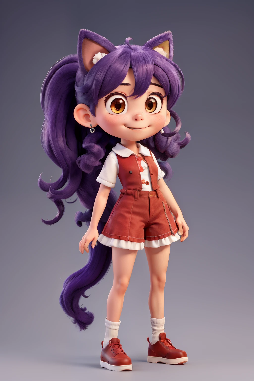 anime bonita pele branca cabelo vermelho olhos pretos colar vermelho sapato preto casaco roxo causa preta