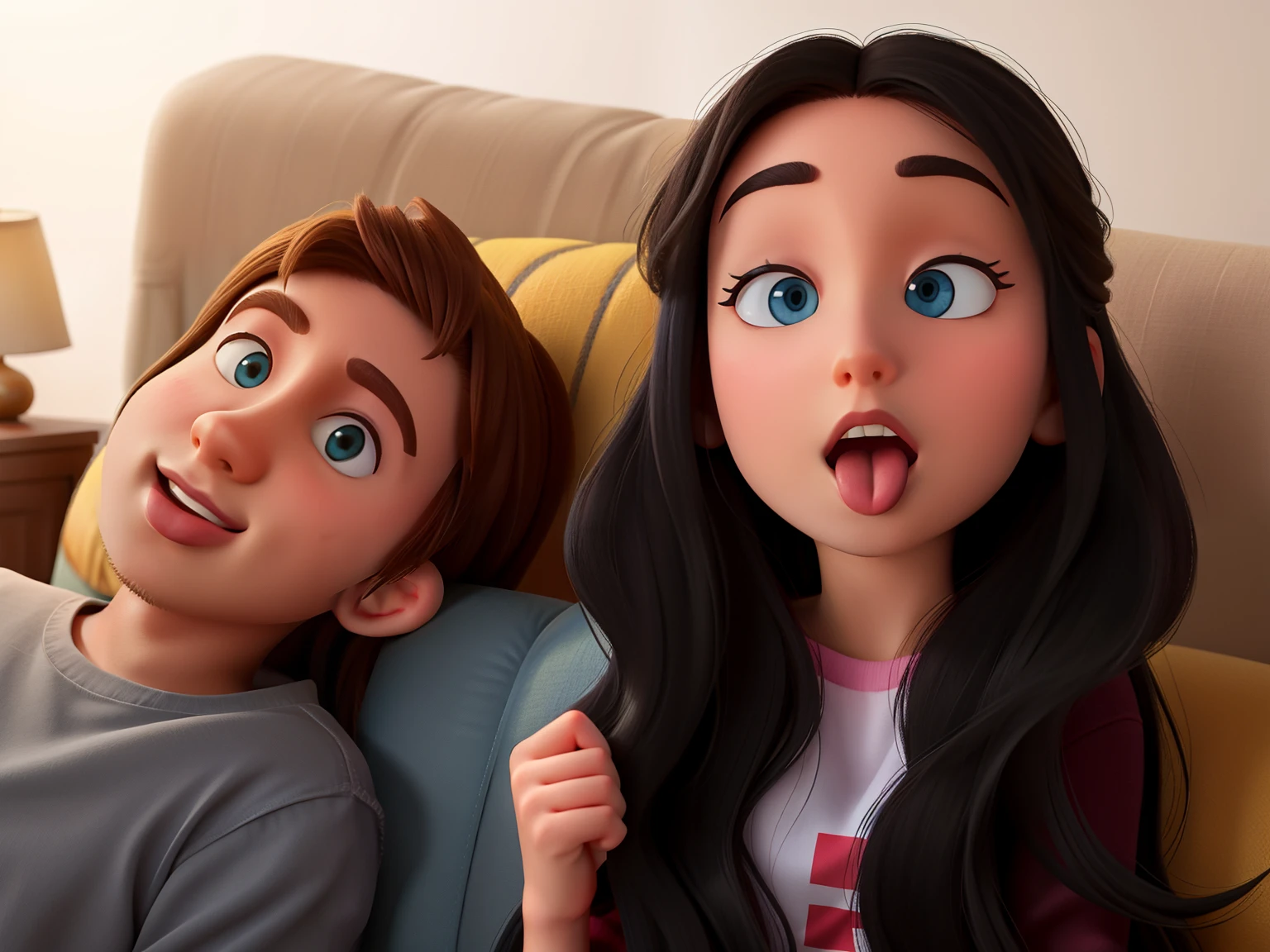pixar cartoon, boyfriend head tuld with long hair girlfriend, little tongue out, casual attire on a sofa without hands and both are looking straight to camera