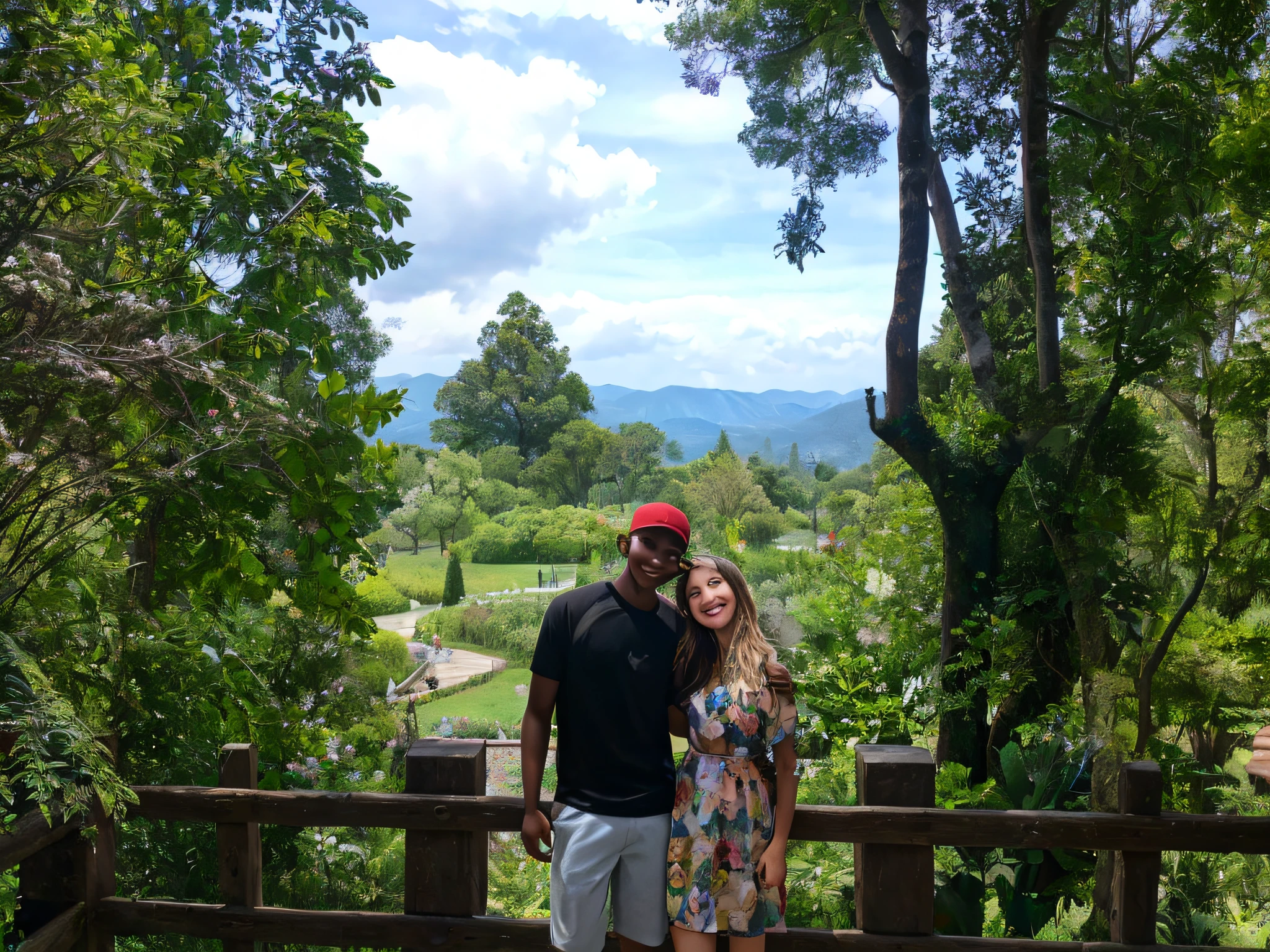 there is a couple embracing in a flowery park with mountains in the background, the boy on the left side is dark-skinned, wearing a black t-shirt, a red curved cap, white shorts, the girl is white, blonde, medium hair, wearing a flowery dress that is up to the knee, they are both happy smiling.