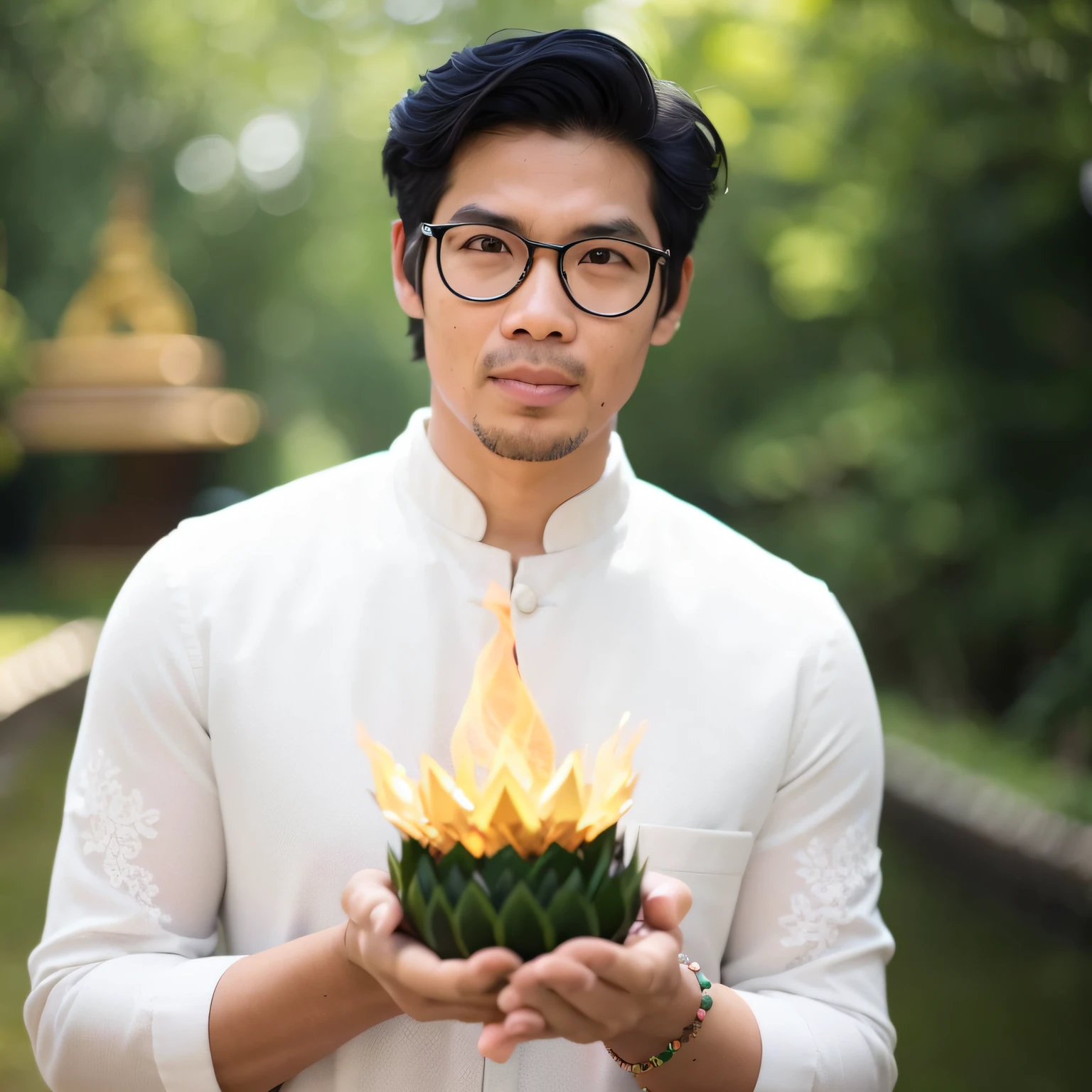 there is a man holding a bowl of food in his hands, in style of thawan duchanee, tithi luadthong, thawan duchanee, nivanh chanthara, holy flame crown spell, patiphan sottiwilaiphong, holding a holy symbol, man with a crown, author unknown, thailand