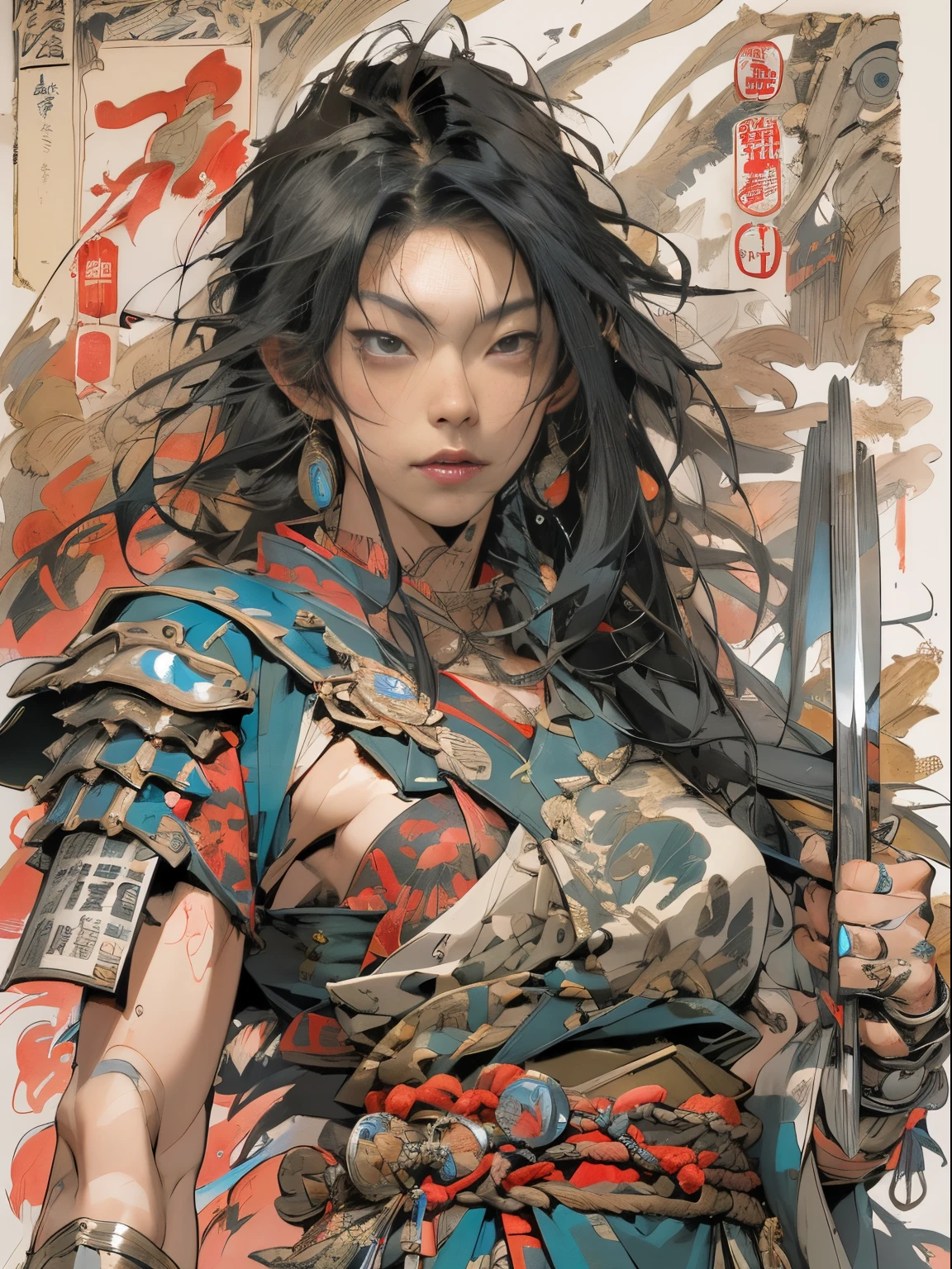 (((woman))), (((best qualityer))), (((tmasterpiece))), (((AS-Adult))), ((( Japanese ))), Look up from your knees, A beautiful asian samurai woman with perfect body, Modern samurai, ((( Asian))), Wear gloves on your hands，The left arm is made of steel and metal tips，Made of protective devices, The eyes are pulled, (( Appears below the breast )), (( Small dental floss )), Simon Bisley, Almost naked（Simon Bisley）Castle City Wilderness，For high-resolution posters, hair straight, Minimum clothing, armure (Crazy clothes ), Full of tips and rivets, tribal tattoos, (((full bodyesbian))), Straight brunette hair，Colored hair ends