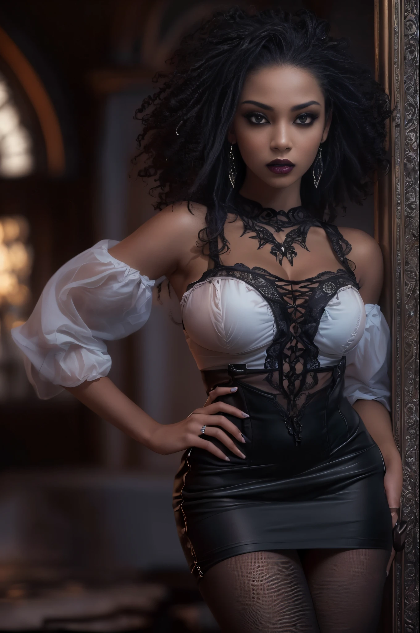 The most beautiful black girl in the world, long black hair, medium breasts, hips, form fitting clothing, pantyhose, gothic background, gothic theme, gothic clothing