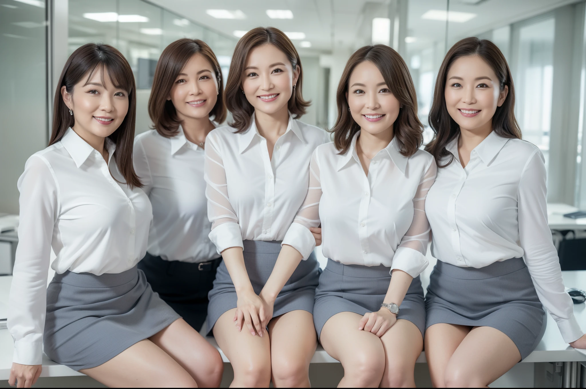 (A close-up photo of three beautiful Japanese office ladies), Everyone looking at the viewer, In a large office, (All smiling), Highest Resolution, masterpiece, (All wearing elegant formal white high-neck blouse, and panties), All wearing earrings, (exposing thigh)