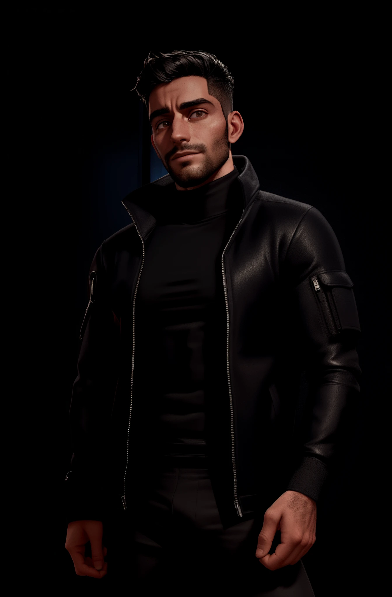 Num estilo cyberpunk, the busty man wears a flexible tactical black t-shirt, contouring your muscles. Breathable fabric and discreet seams ensure urban comfort. A jaqueta cyberpunk, ponto focal, incorpora detalhes futuristas:
Material High-Tech: The jacket is made of a resistant material, mixing technological fabric with touches of synthetic leather, giving it an urban and futuristic aesthetic.
metallic details: Fivelas, zippers and decorative metal plates, adicionando um toque industrial e robusto. Metal elements not only decorate, but also reinforce the durability of the jacket.
Luzes LED Embutidas: Pequenas luzes LED integram-se nas costuras, proporcionando uma luminosidade sutil. As luzes podem ser personalizadas para piscar ou mudar de cor, adding a technological dimension to the costume.
Textured Panels: The jacket features textured panels, adding visual depth and highlighting specific areas, contributing to a more dynamic cyberpunk aesthetic.
Asymmetrical details: Pockets and zippers are arranged asymmetrically, following the cyberpunk trend that values uneven and disheveled style.
Colarinho Alto: A high collar adds elegance and a futuristic touch, elevating the look of the jacket and giving the wearer an imposing presence.