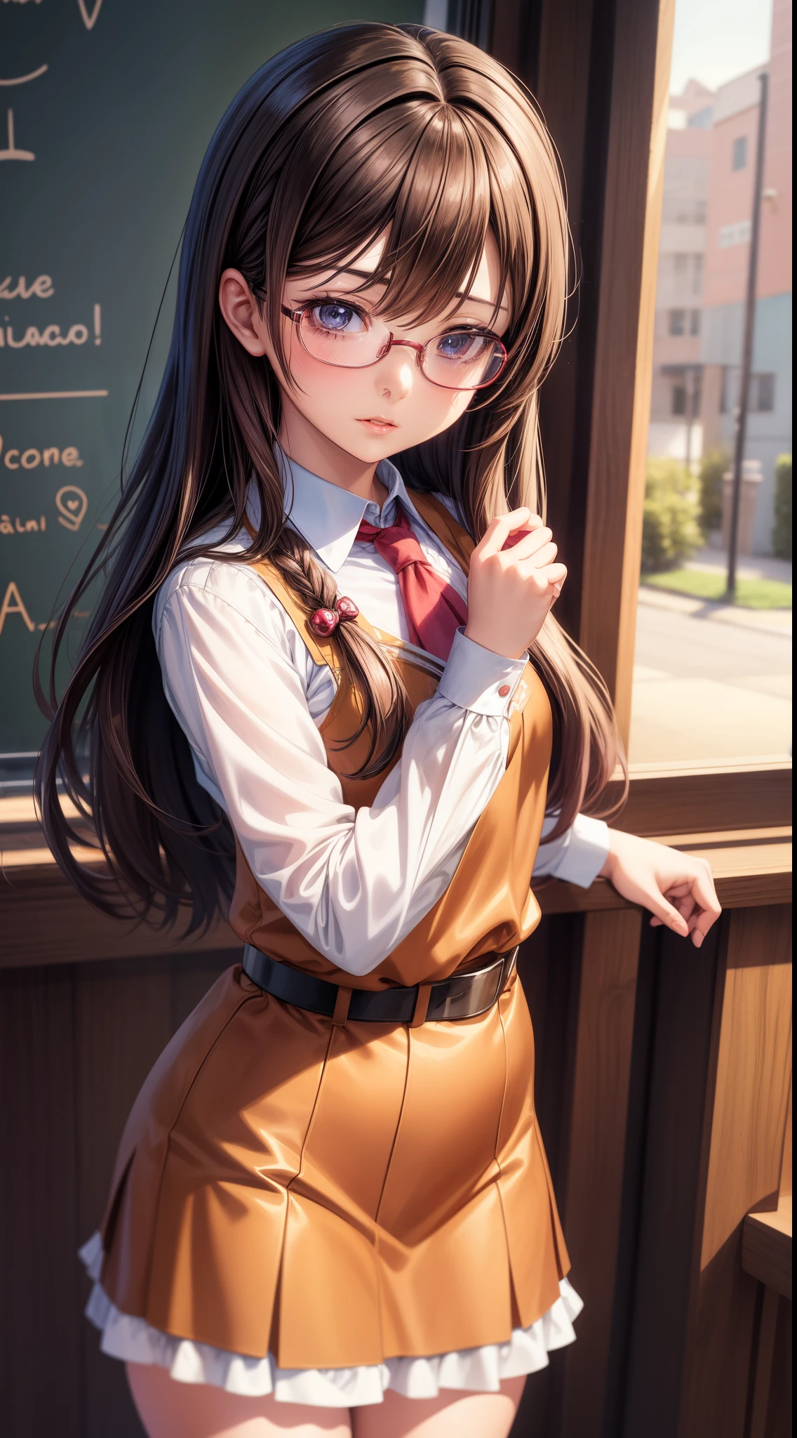 Anime - A woman wearing a brown dress and glasses takes a photo, small curvy loli, a hyperrealistic schoolgirl, a hyperrealistic schoolgirl, loli in dress, Cute anime waifu in a nice dress, Smooth Anime CG Art, anime highly detailed, Seductive Anime Girl, with glasses, photorealistic anime girl render, Detailed Digital Anime Art
