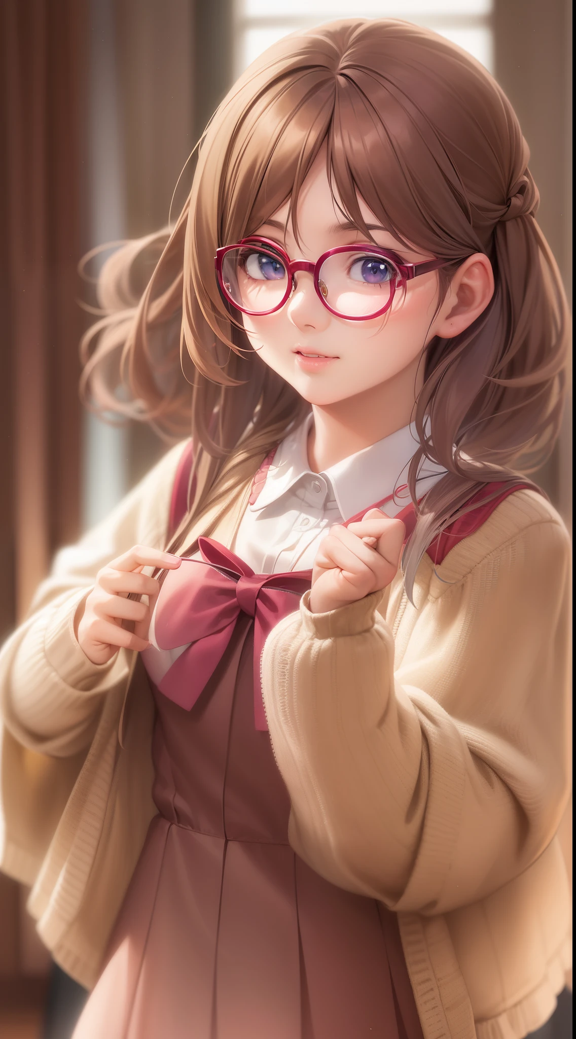 Anime - A woman wearing a brown dress and glasses takes a photo, small curvy loli, a hyperrealistic schoolgirl, a hyperrealistic schoolgirl, loli in dress, Cute anime waifu in a nice dress, Smooth Anime CG Art, anime highly detailed, Seductive Anime Girl, with glasses, photorealistic anime girl render, Detailed Digital Anime Art