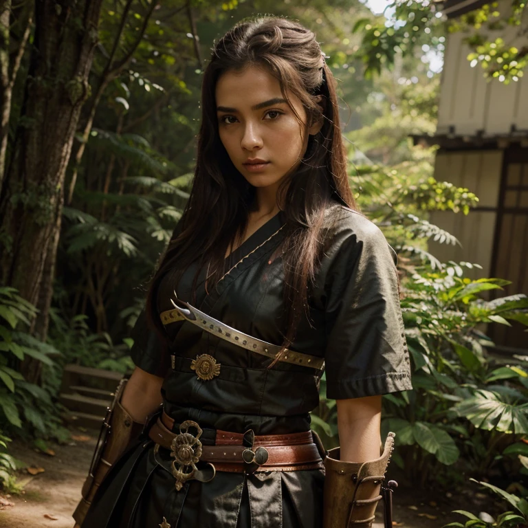 Mulher,cabelo castanho ao vento,com roupa estilo samurai feminina,A sword in your hands, fundo de uma floresta,mulher bonita, sharper, full hd