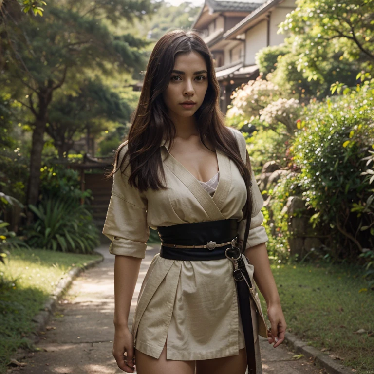 Mulher,cabelo castanho ao vento,com roupa estilo samurai feminina,A sword in your hands, fundo de uma floresta,mulher bonita, sharper, full hd