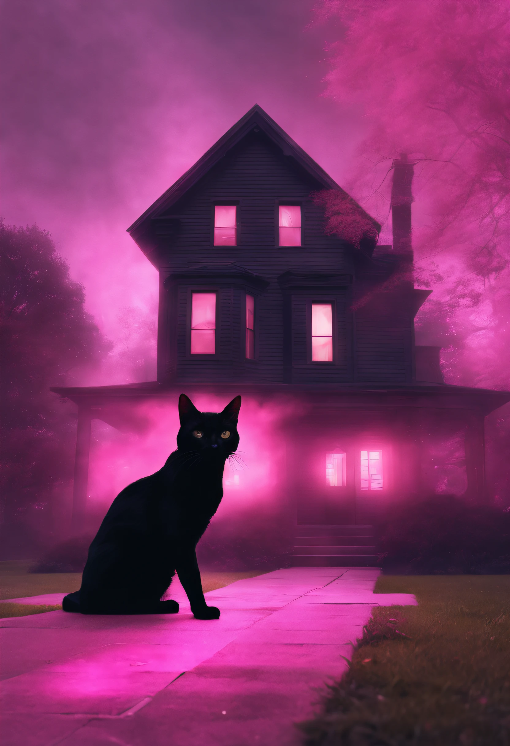 A ghost of a black cat guarding the house lawn, a black cat pink hologram texture, pink translucent spirit of a black cat, spirit of a black cat hologram, low opacity, conceptual art, ghostly form, pink fog around the spirit of the cat, glowing fog intricate ghosty black cat, photorealistic, glowing spirit black cat, photoreal, hyperrealism